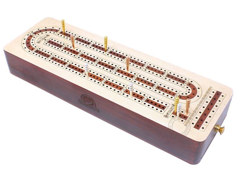House of Cribbage Continuous Cribbage Board Alphabet e Shape Inlaid in Maple and Bloodwood with Storage Drawer for pegs and Cards - 3 Tracks - Image 2
